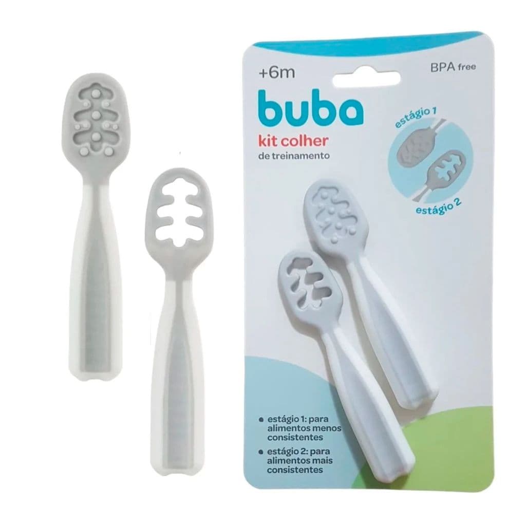 Kit 2 Colheres de Treinamento Autoalimentação 6m+ Cinza Rosa Verde 13143 - Buba