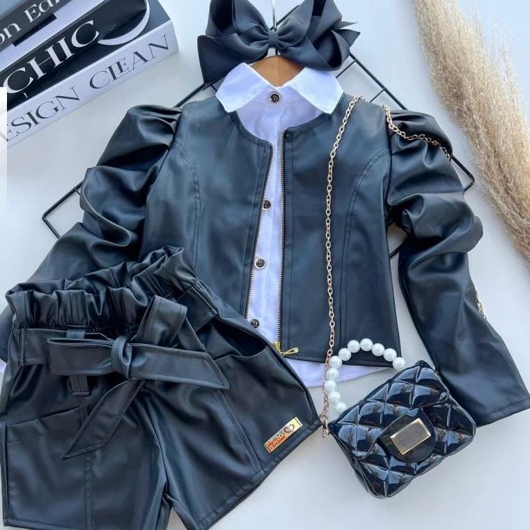 Conjunto Infantil 2 Peças Jaqueta e shorts de Couro Para Meninas