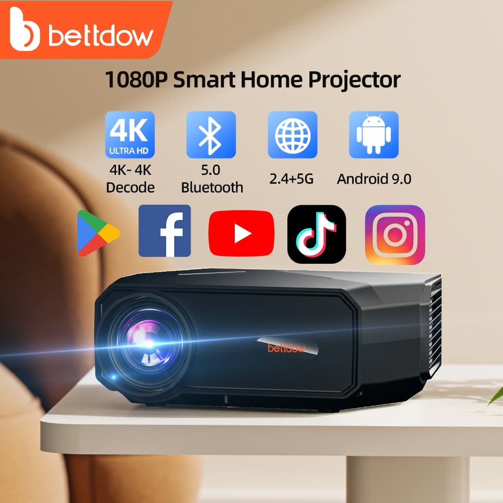 Bettdow Inteligente Projetor 15000LM 1080P 4K WiFi Projetor Correção Keystone Automática Suporta Netflix YouTube