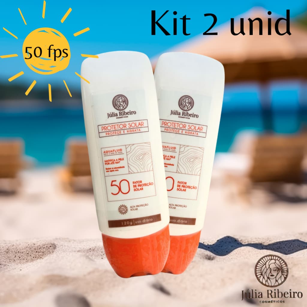 KIT 2 PROTETOR SOLAR JULIA RIBEIRO COSMÉTICOS 50 FPS, FACIAL E CORPORAL, TOQUE SECO,  ANTIOLEOSIDADE, VEGANO - 120ML