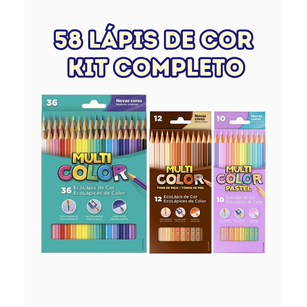 Kit com 58 Lápis de Cor – 36 Tradicionais + 10 Tons Pastéis + 12 Tons de Pele | Desenhos e Escolas