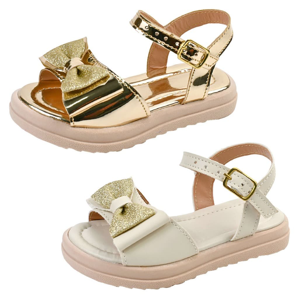 Kit 2 Pares Sandália Infantil Menina Feminina Laço Brilho Espelhado Gliter Tratorada