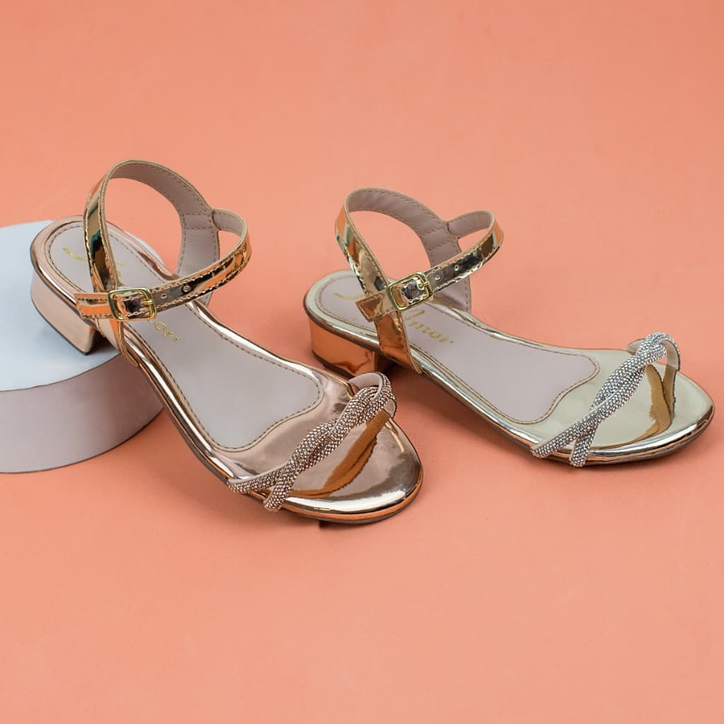 Sandália Menina Infantil Juvenil Delicada Saltinho Baixo Brilho Strass Fivela Confortável Promoção