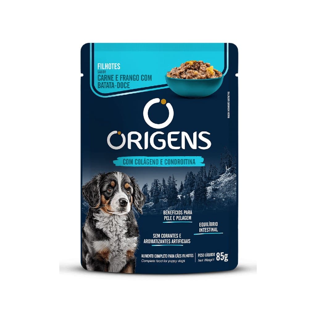 Sachê Origens Cães Filhotes Sabor Carne e Frango com Batata-Doce Todos os Portes Premium Especial 85g Adimax
