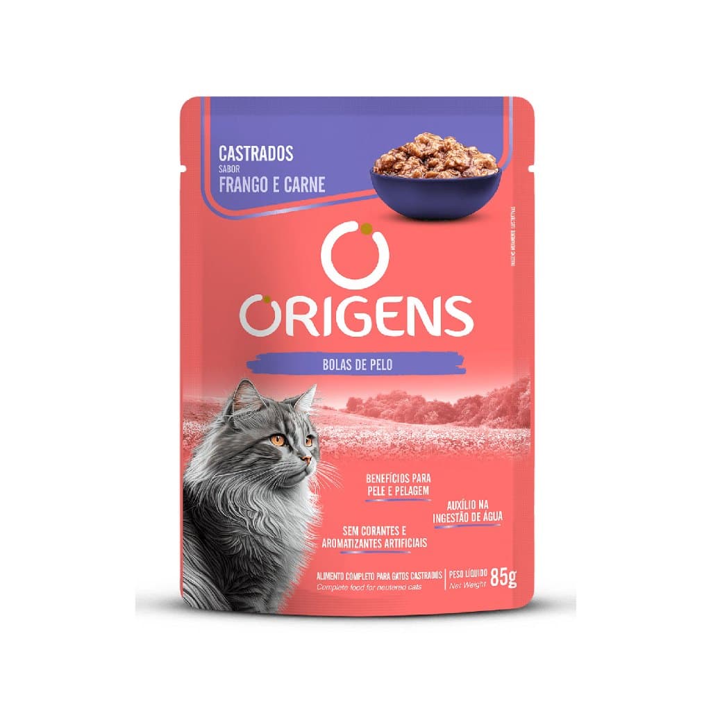 Sachê Origens Gatos Castrados Sabor Frango e Carne Premium Especial 85g Adimax