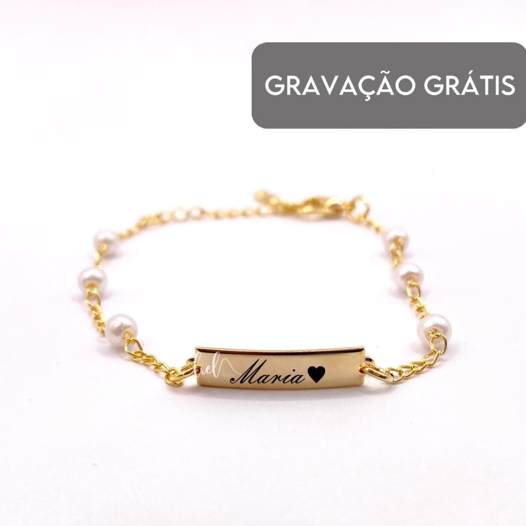 Pulseira de Perola Infantil RN Bebê Personalizada com gravação Nome Banhada a Ouro 18k