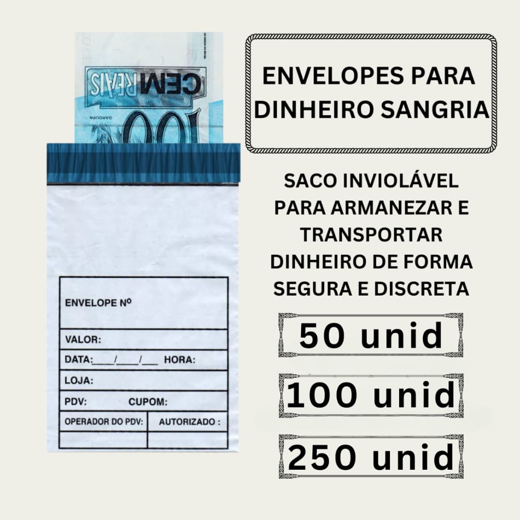 Envelope Sangria Para Dinheiro De Segurança 50, 100 ou 250 Unidades 12x18 Com Lacre Inviolável