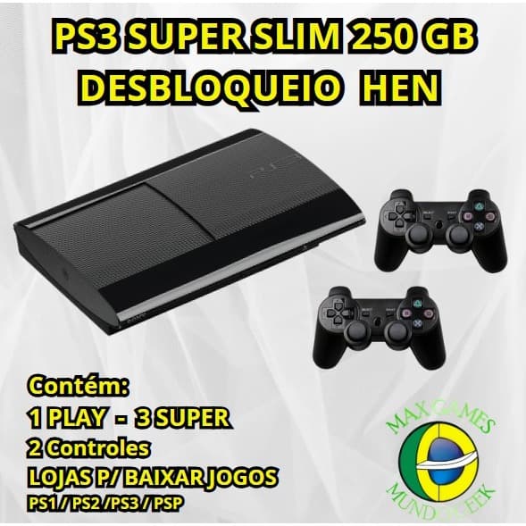 PS3 PLAYSTATION 3 SUPER SLIM 250 GB SONY *H.E.N*  C/2 CONTROLES ENVIO GRAVADO  FOTOGRAFADO H E N