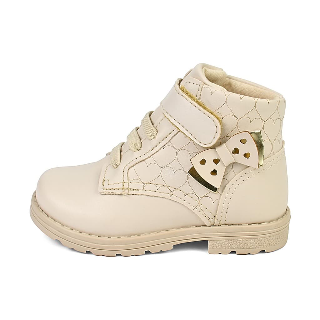 Bota Coturno Feminino Infantil Menina Off White Laço e Corações Velcro e Elástico Lulopé