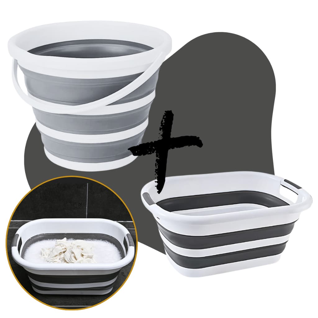 Kit Com Balde Retrátil 10 Litros E Cesto Dobrável Retráril 26 Litros Silicone Cinza