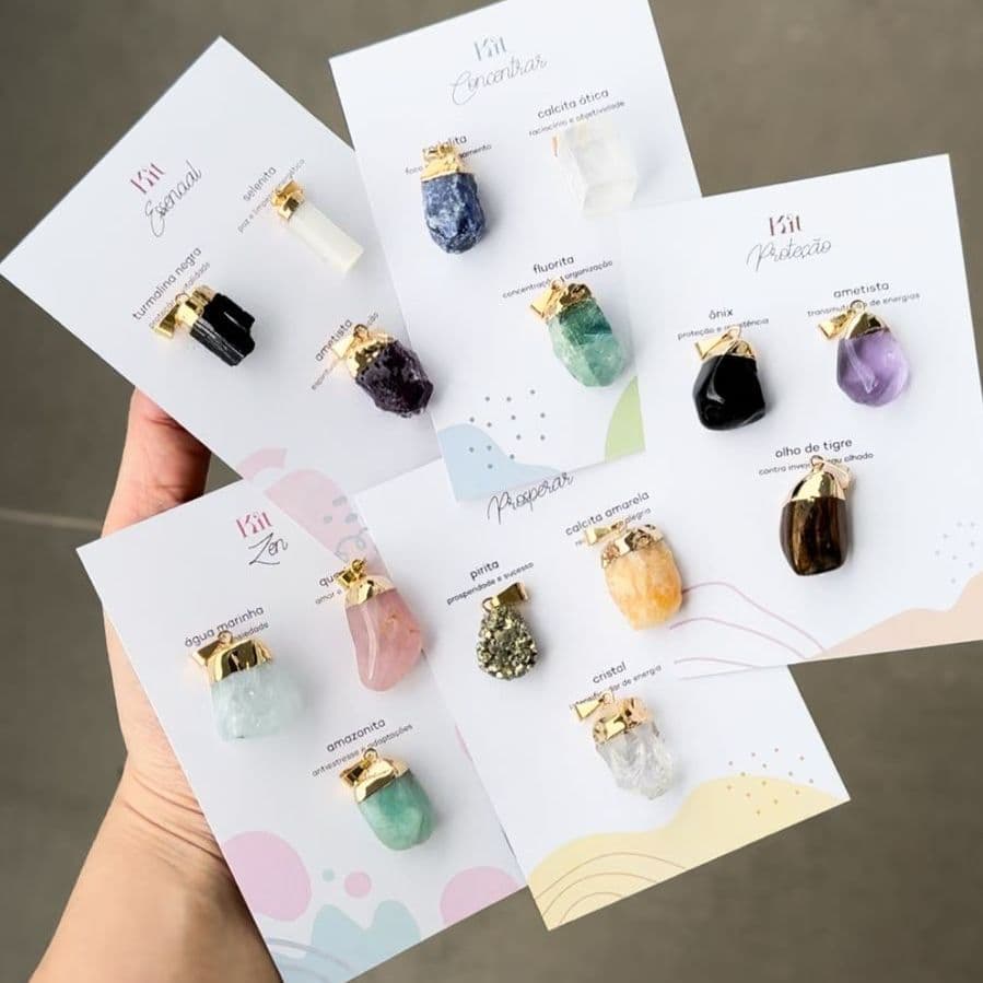 Kits de três pingentes de pedras naturais - Cristais para Proteção, Ansiedade, Prosperidade, Concentração e Purificação