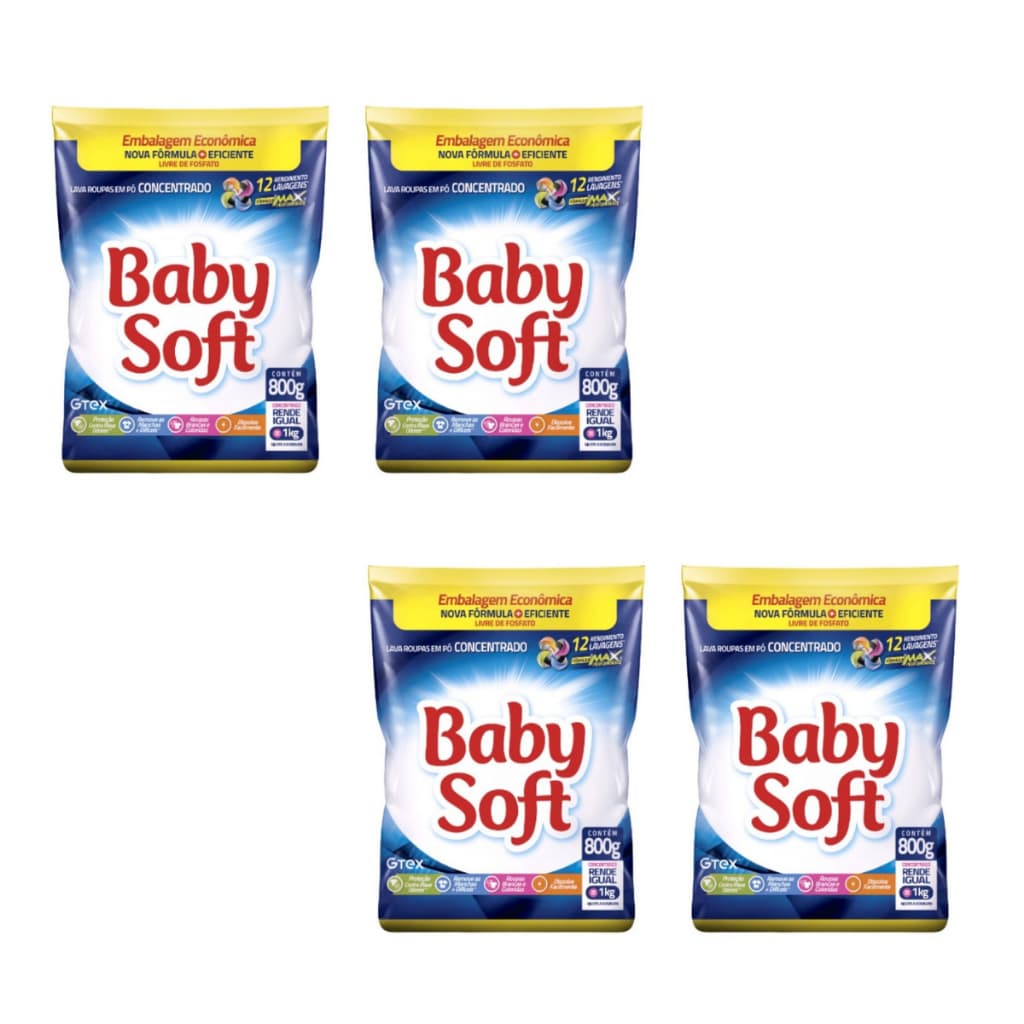 Kit 4 Lava Roupas Sabão Em Pó Baby Soft 800g