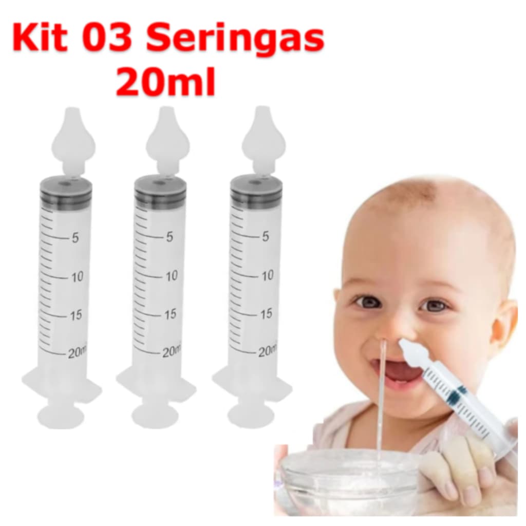 Kit 03 Seringas de 20 ML para lavagem nasal higienização Adulto e Infantil Bico de silicone Macio