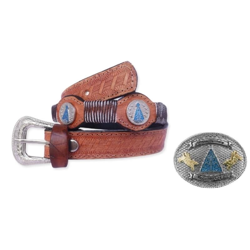 Cinto infantil unissex de couro Trançado com Aplique e fivela Nossa Senhora Aparecida