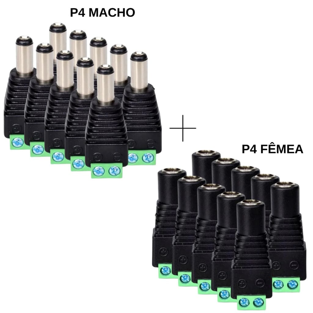 Kit 10 Conectores P4 Macho Borne + 10 Conectores P4 Fêmea Borne Câmera Fita de Led