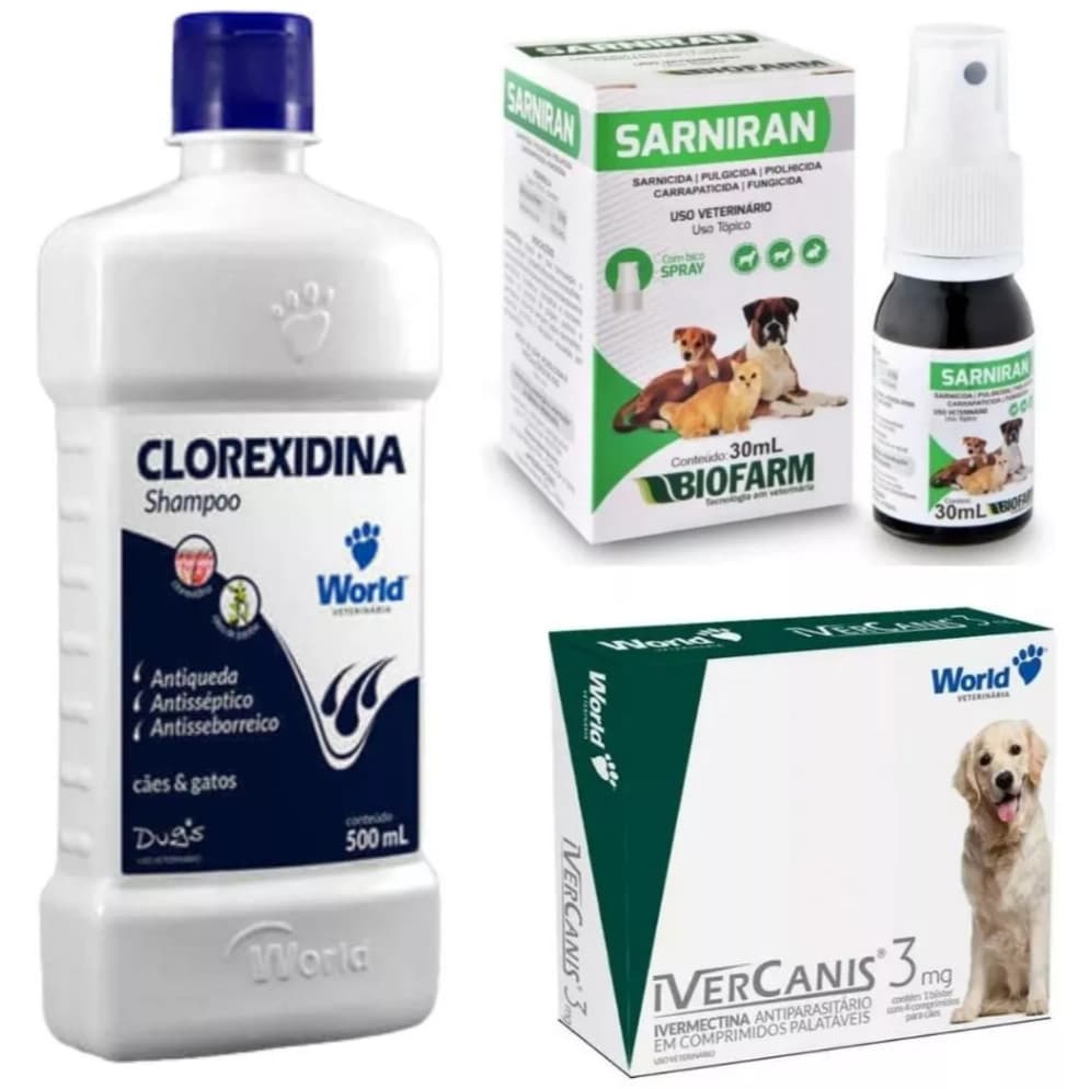 Kit Tratamento Completo Dermatite Atópica Canina Shampoo Clorexidina World + Sarniran 30ml + Ivercanis 3mg