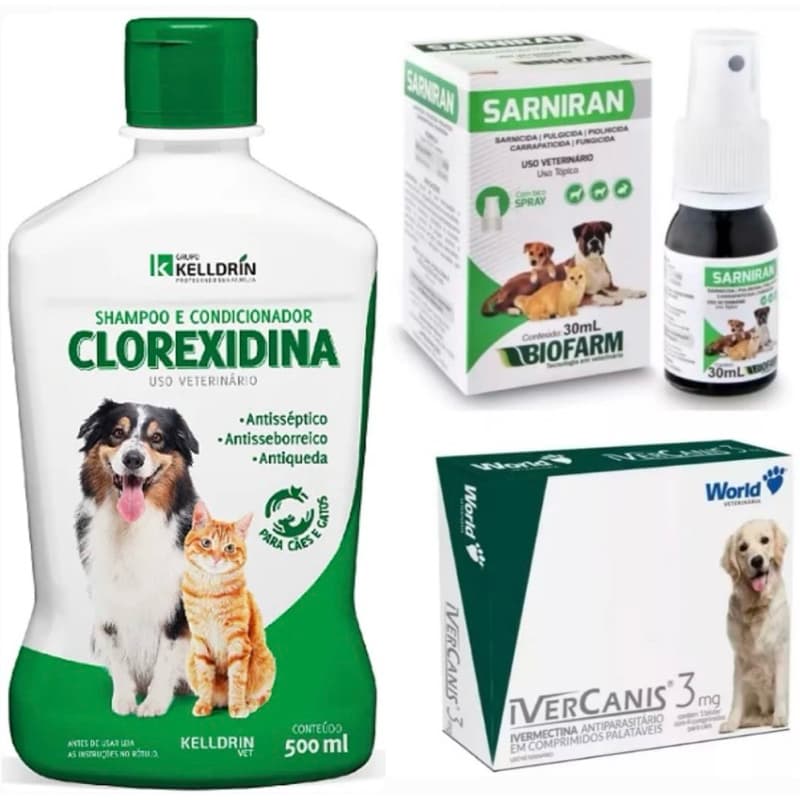 Kit Tratamento Completo Dermatite Atópica Canina Shampoo Clorexidina Kelldrin + Sarniran 30ml + Ivercanis 3mg