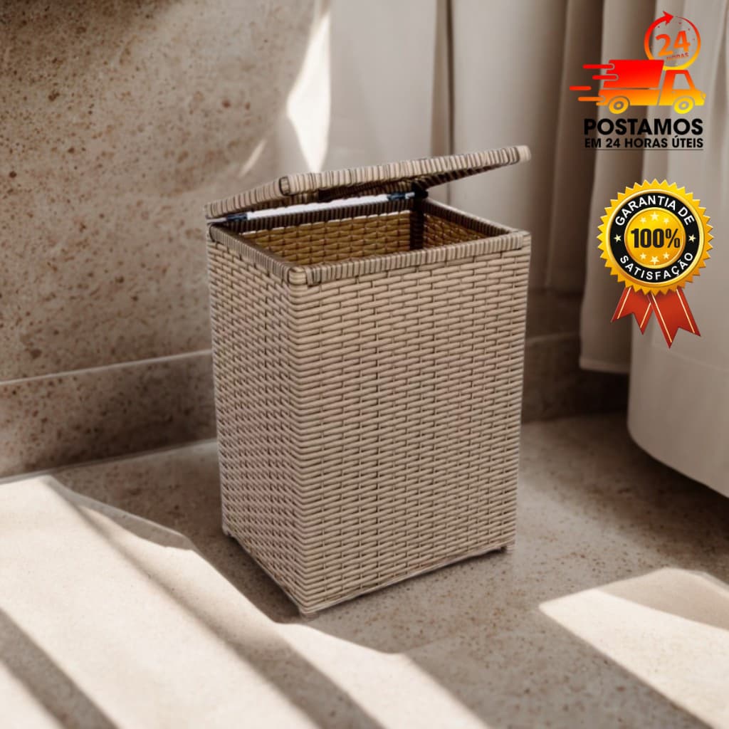 Cesto De Roupa Suja Organizador Retangular C/ Tampa Roupeiro De Fibra Sintética  Banheiro Lavanderia