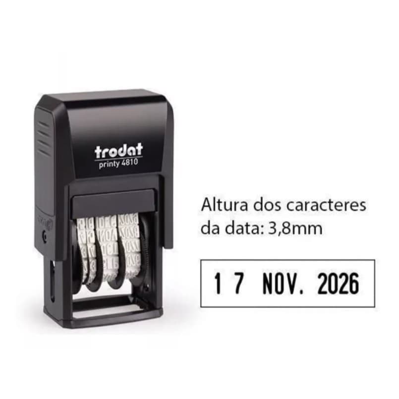 Carimbo Datador Automático Trodat Printy Impressão 25x3,8 mm, Formato DIA - MÊS - ANO, Tinta Preta, Compacto, Leve.