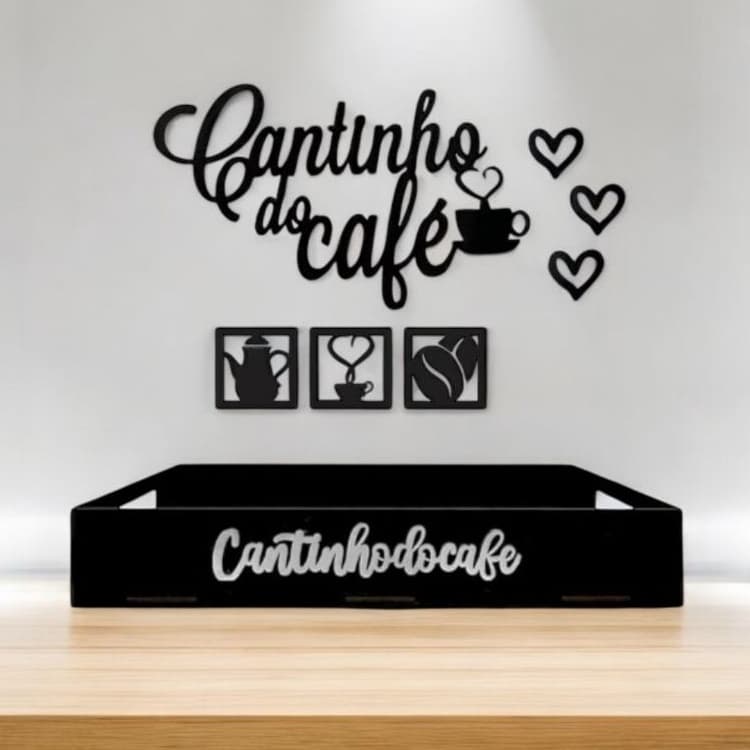 Kit 7 Apliques + Bandeja Cantinho do Café Lisa Retangular MDF preto