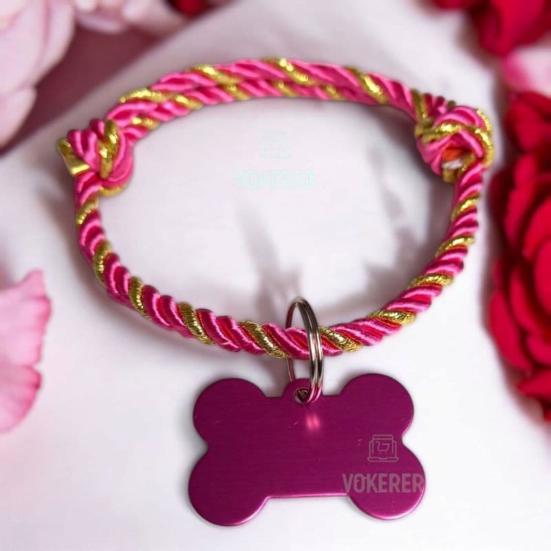 Coleira Gato Cachorro Trançada Ajustável com Nome do Pet Personalizada