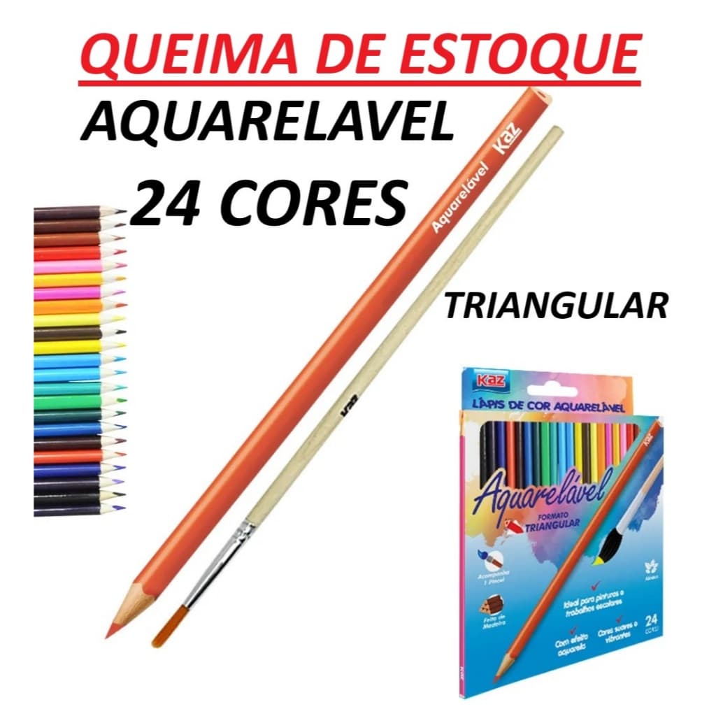 LÁPIS DE COR AQUARELAVEL COM 24 CORES PINTURA ARTESANATO AQUARELA FORMATO TRIANGULAR E CORPO EM MADEIRA
