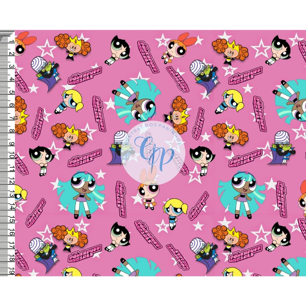 Tecido tricoline, microfibra ou gabardine - Meninas Super Poderosas e estrelinha - fundo pink - 0,50cm