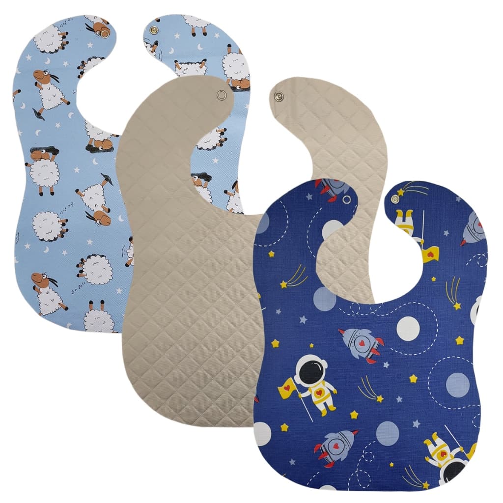Kit 3 Babador Bebe Impermeavel 25x34cm Varias Estampas Sortidas Botão Pressão Menino Menina