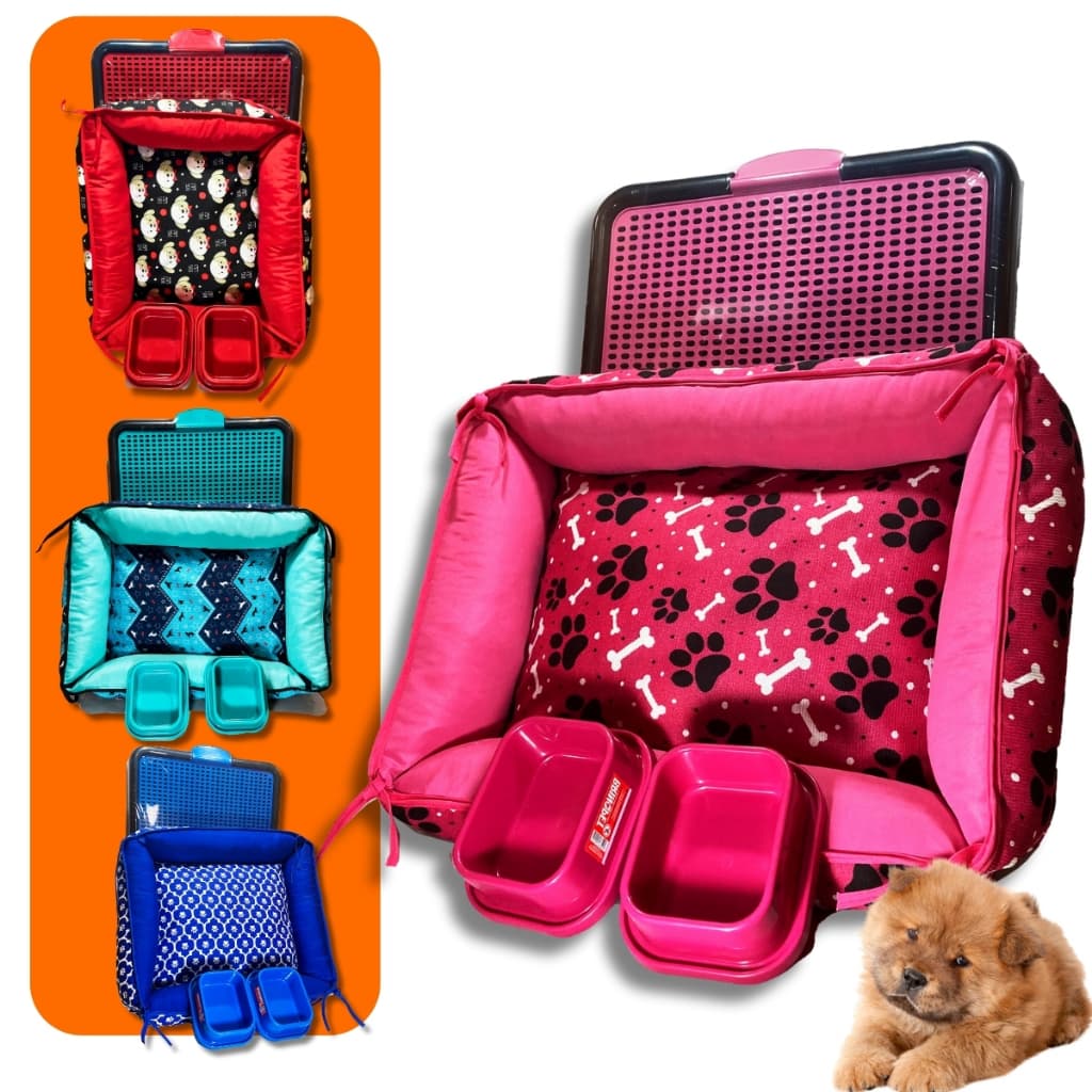 Kit Cachorro Premium Caminha Tapete Sanitário Canino Bebedouro Comedouro Completo