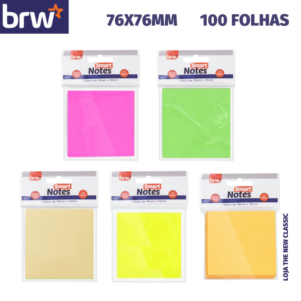 Bloco Notas Adesivas BRW - 100 Folhas - 76x76mm - Pastel ou Neon - para Recados ou Anotações