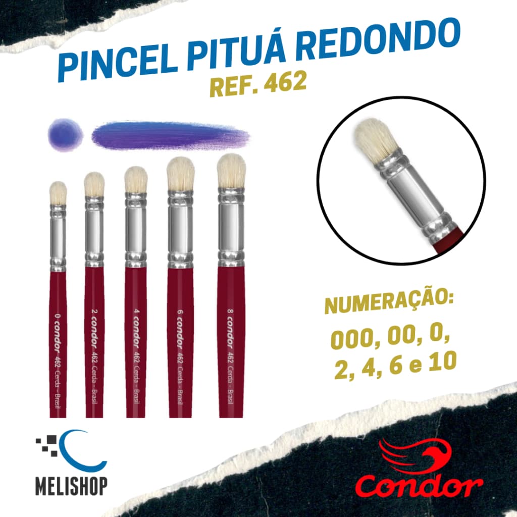 Pincel Artístico Redondo Pituá Condor REF. 462 Artesanato Pincel para Pintura - UNIDADE