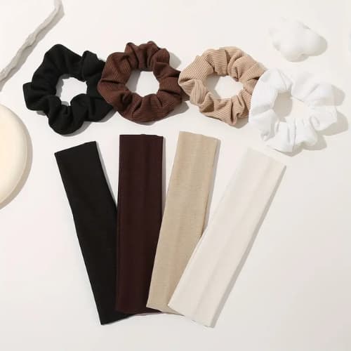 4 Faixas de Cabelo acompanha xuxinhas pompom preto, branco, marrom claro e marrom escuro