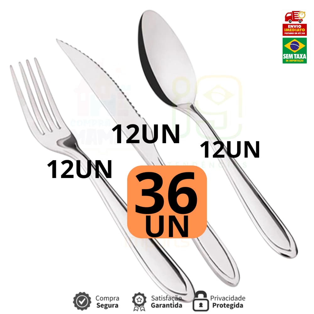 kit de Talheres 36 peças Aço Inox 12 Facas 12 Garfos de Mesa 12 Colheres Para Cozinha Casa