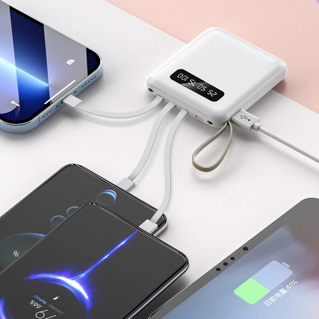 Carregador Portátil 10000mah com 4 cables de carga rápida Banco de energía digital LED