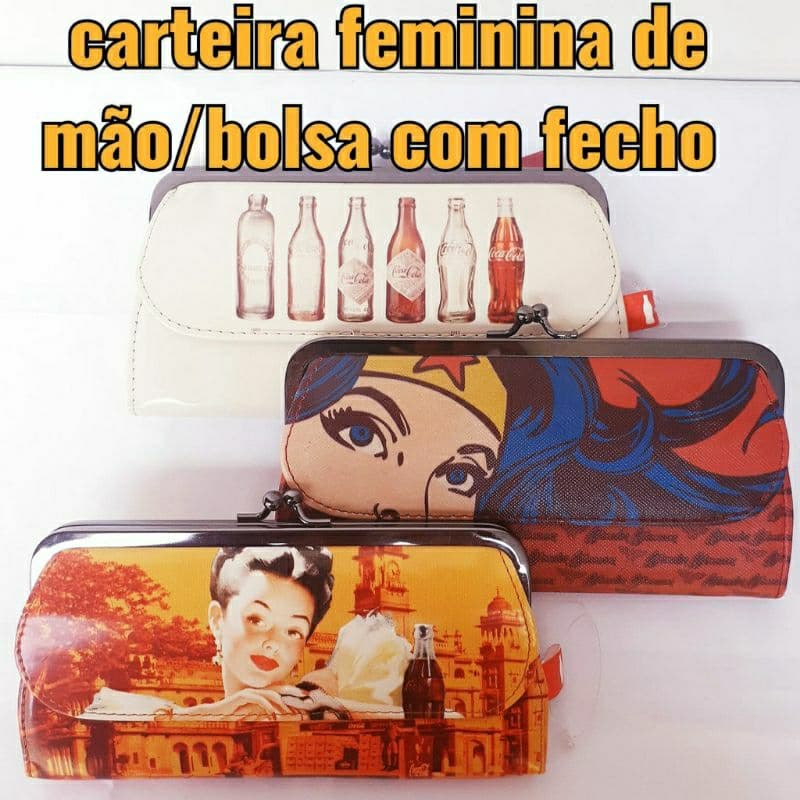 Carteira PU de mão bolsa com fecho clássico tipo fecho da vovó estampada com bolso frontal ideal para dia dia e presente