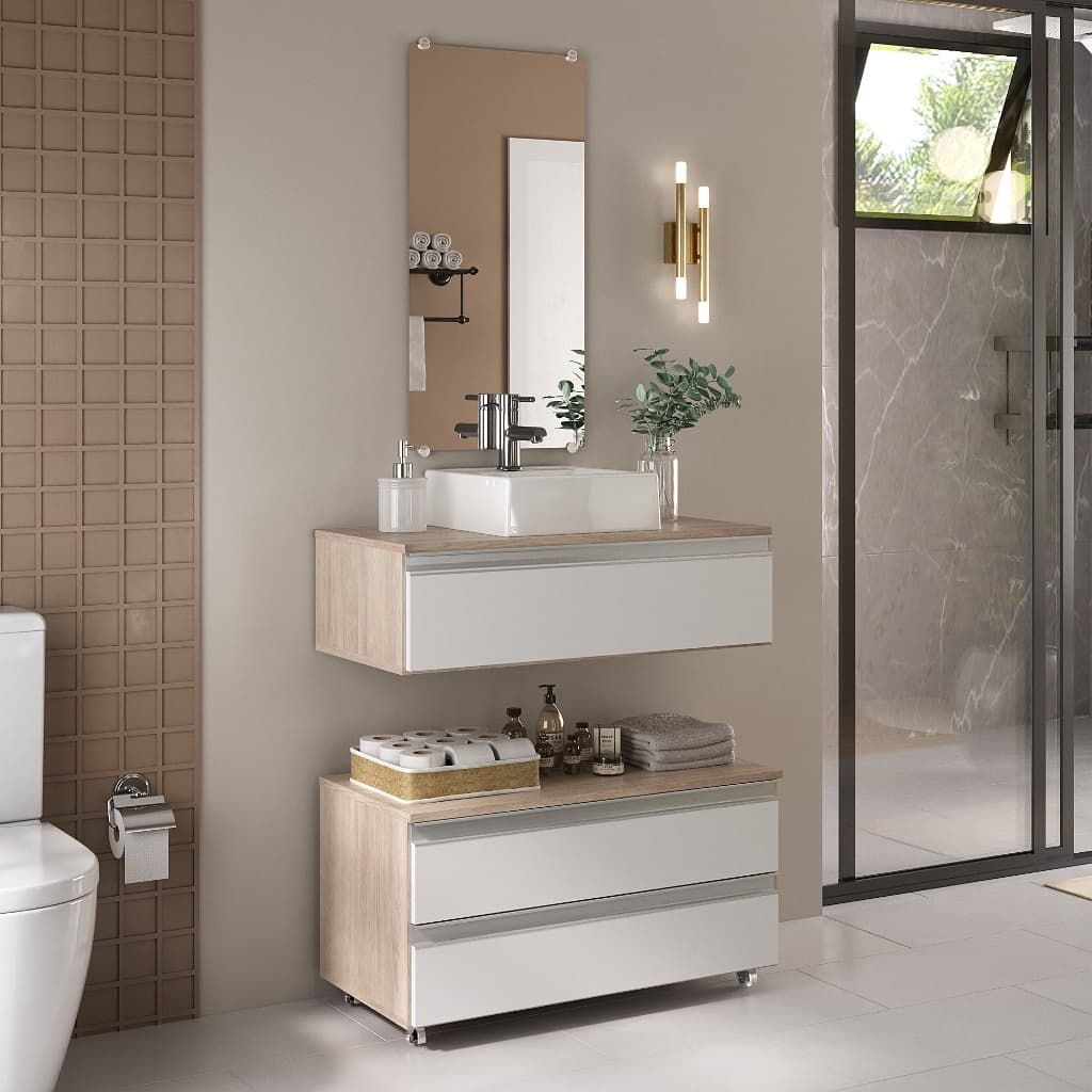 Gabinete Banheiro Creta 80cm com Cuba e Espelheira – Completo