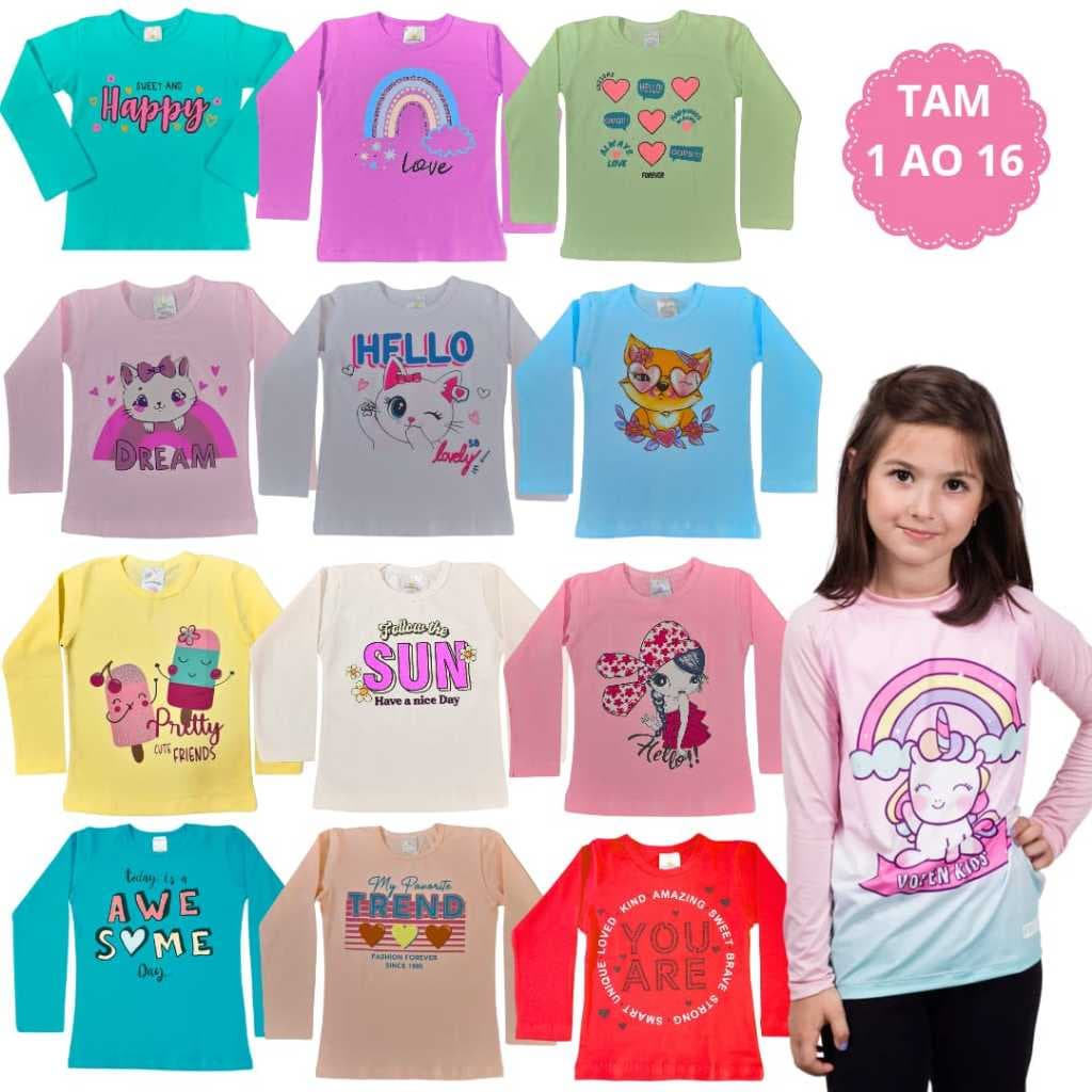 Kit 6 Camiseta Manga Longa Infantil Menina em Algodão Bebê ao Juvenil Inverno e Meia Estação 1 ao 16