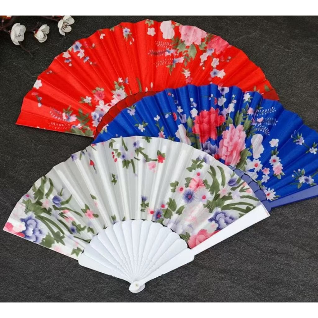 Kit Com 2 Leques De Tecido Seda Com Flores Chinesas Para Festas, Casamentos Ou Danças