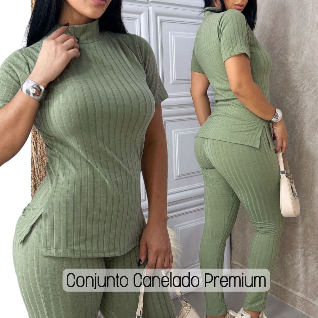 Conjunto Feminino Canelado Calça e Blusa Malha Com Elastano Premium