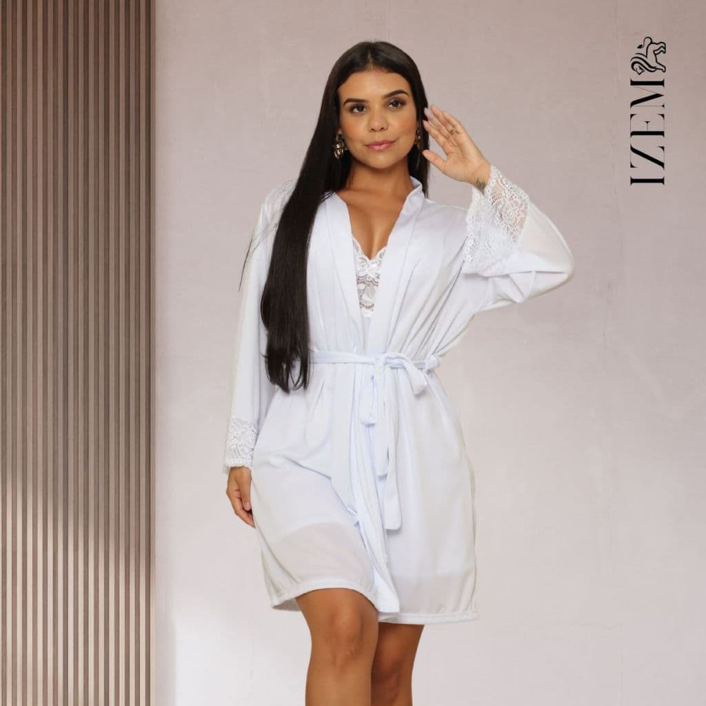 Robe Roupão Feminino Noiva com Manga 3/4  Renda