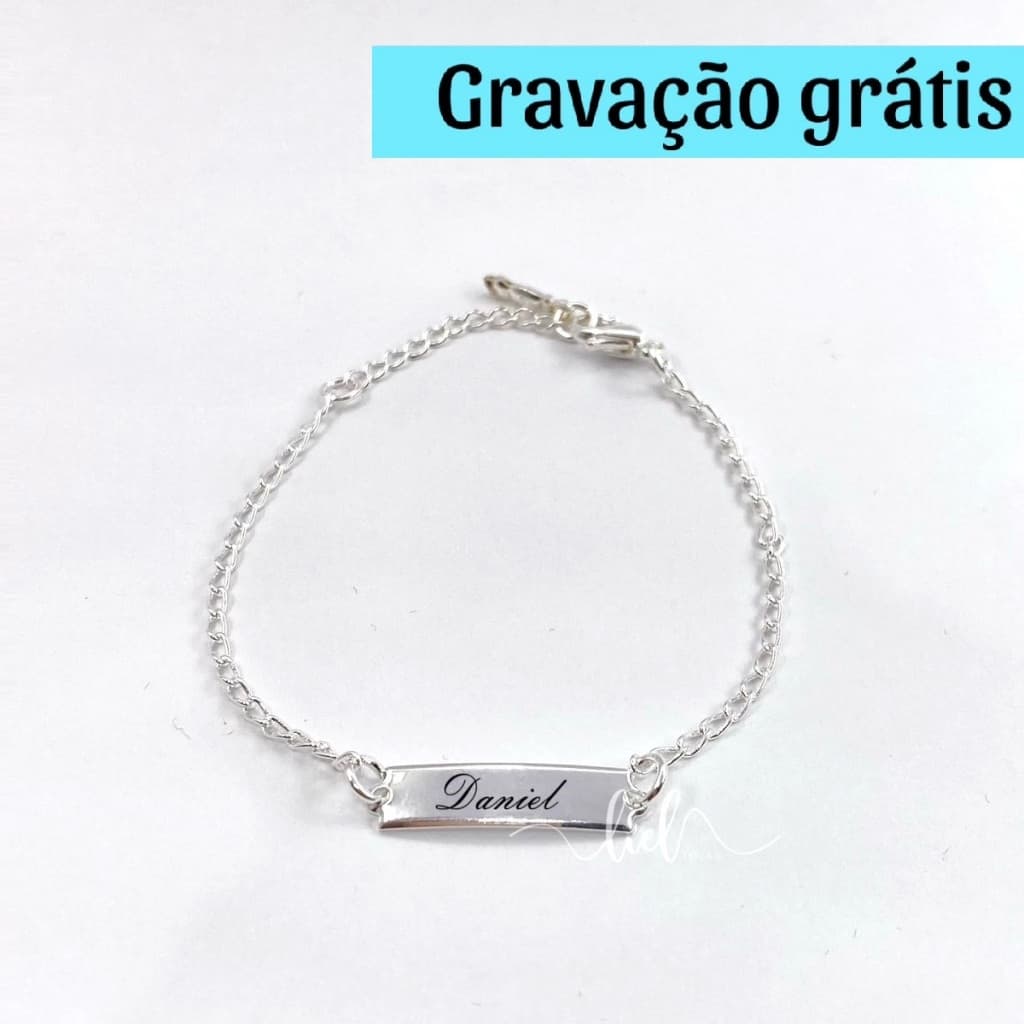 Pulseira Infantil Lisa Personalizada RN Bebê Prata Com Gravação Nome