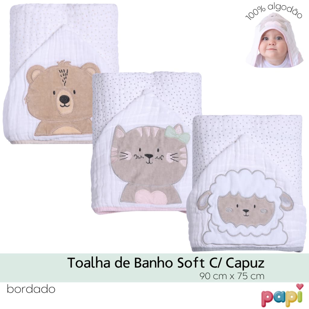 Toalha de banho soft com capuz bordado bebê bichinhos papi friends 90x75cm - 3 CAMADAS