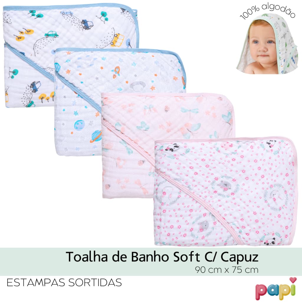 Toalha De Banho Para Bebê Fralda Soft Especial Capuz - Papi