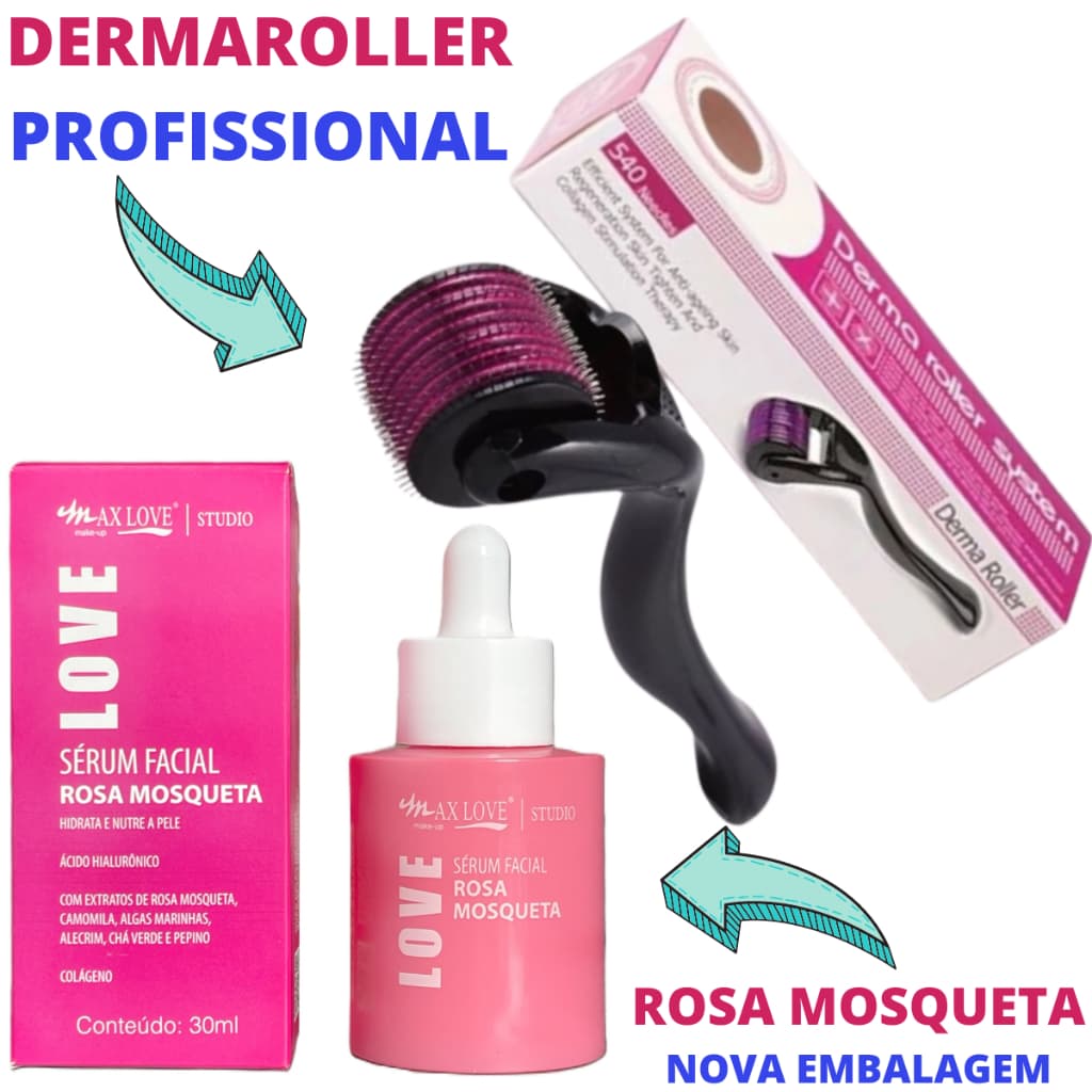 Kit Microagulhamento Dermaroller + Sérum Rosa Mosqueta Com Ácido Hialuronico e Colágeno