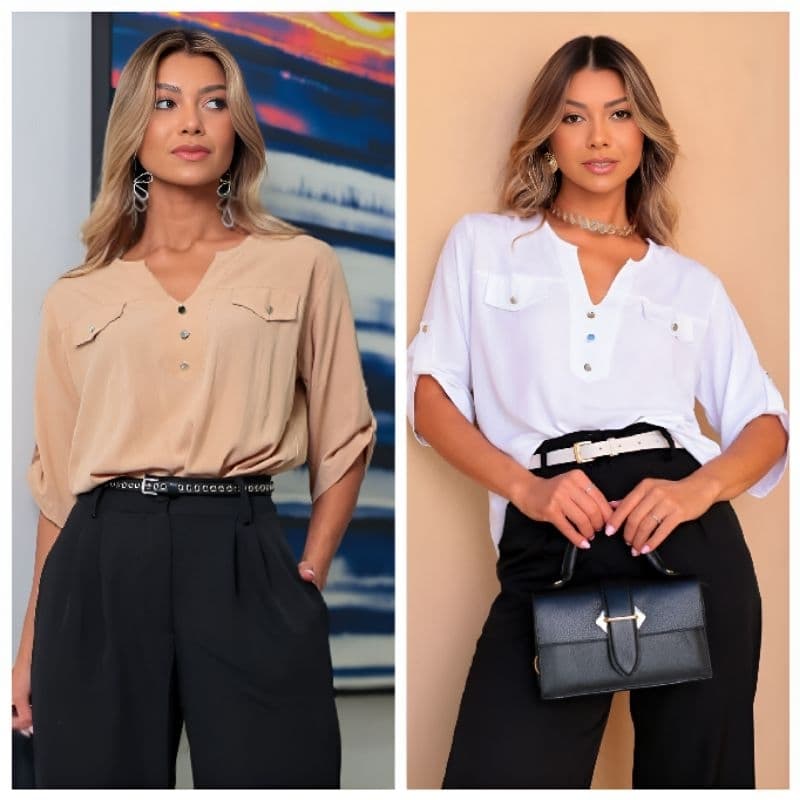 CAMISA SOCIAL FEMININA MANGA 3/4 ELEGANTE COM GOLA V E BOTÃO