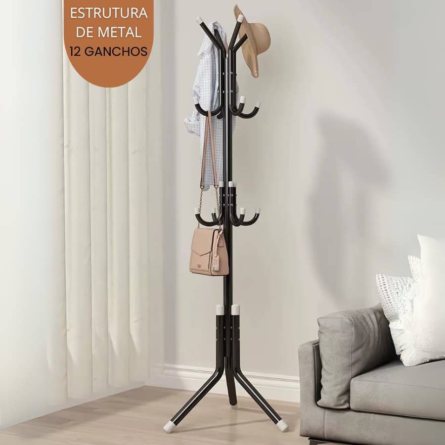 Cabideiro de Chão Mancebo 12 Ganchos Reforçado Para Roupas Bolsas Chapéus Desmontável