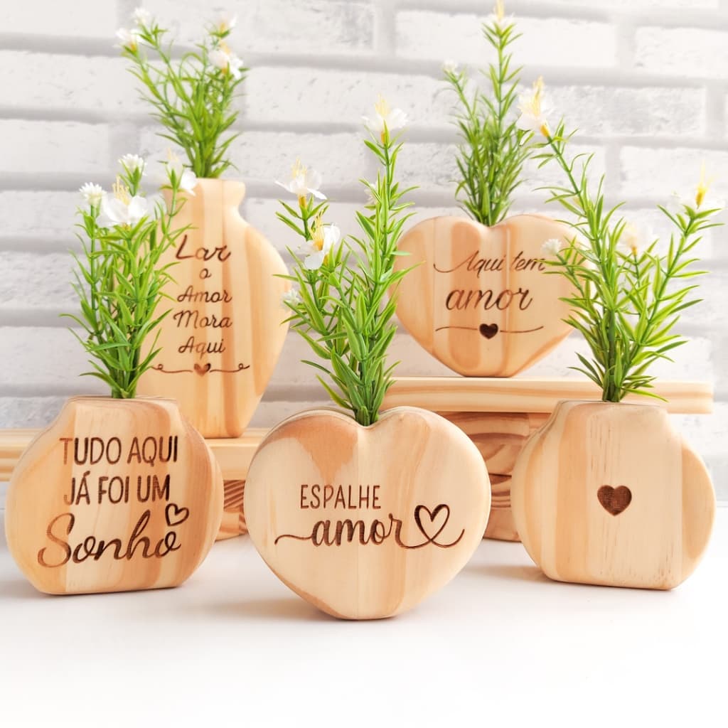 Vaso Vasinho em Madeira com Flores Artificiais Enfeite Decoração Sala Quarto Escritório