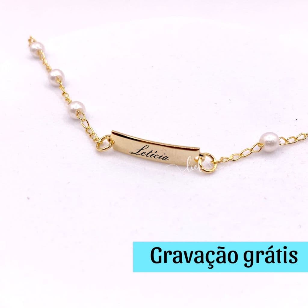 Pulseira De Pérola Infantil Dourada RN Bebê Personalizada Com Gravação Nome Banhada A Ouro 18k