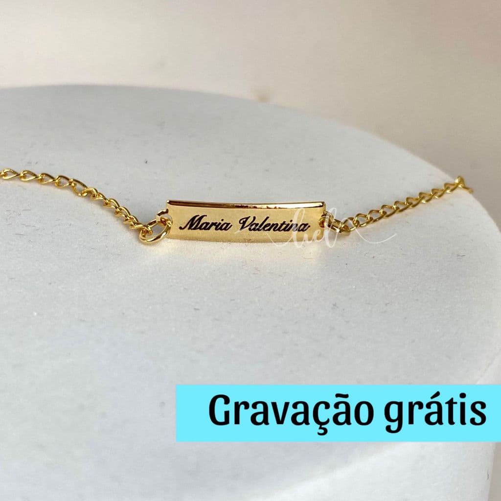 Pulseira Lisa Infantil Personalizada Gravação Com Nome Banhada A Ouro 18k Prata