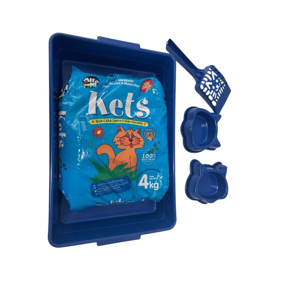 Kit Areia Kets 4Kg + Caixa de Areia para gatos + comedouro + bebedouro + pazinha